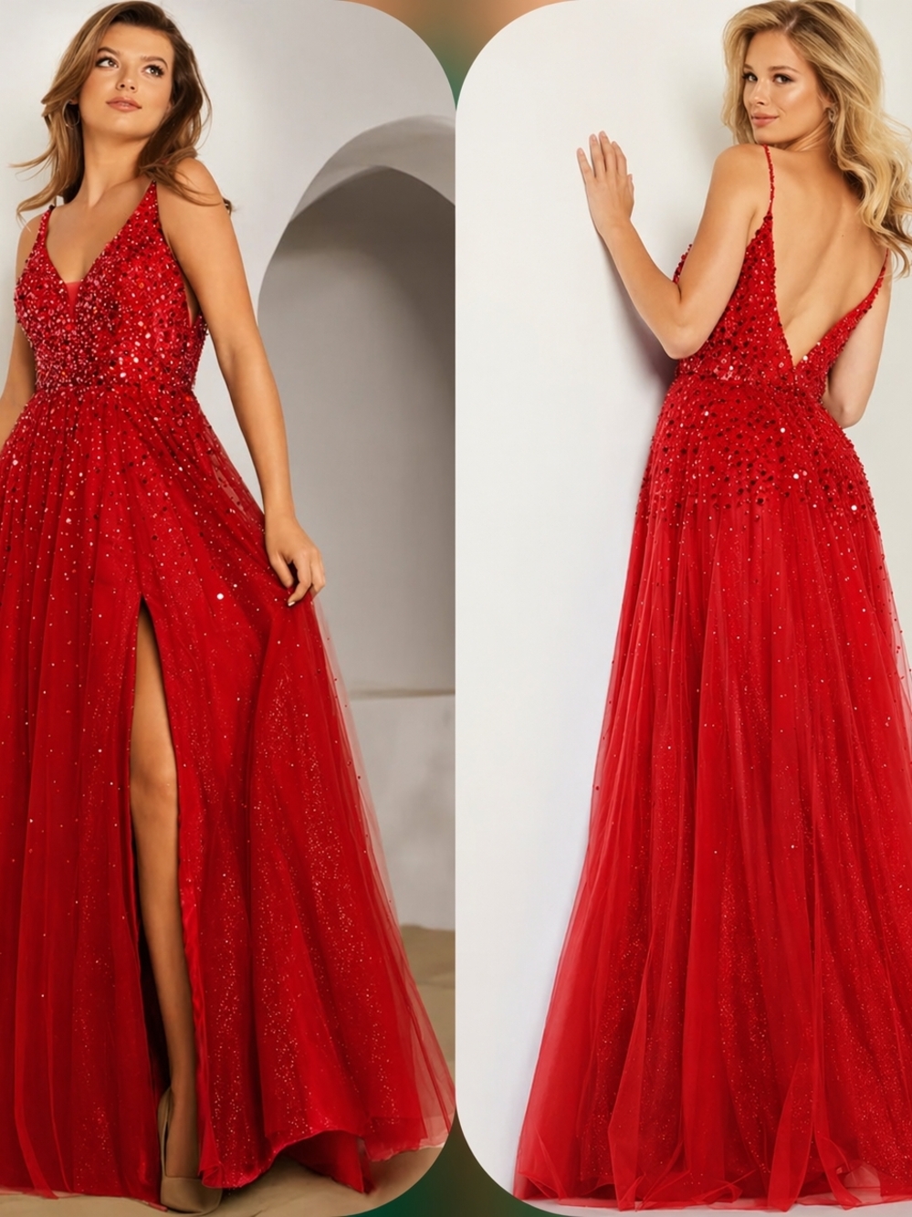 Glamorous Red Beaded V-Neck Prom Dress - Women Dresses